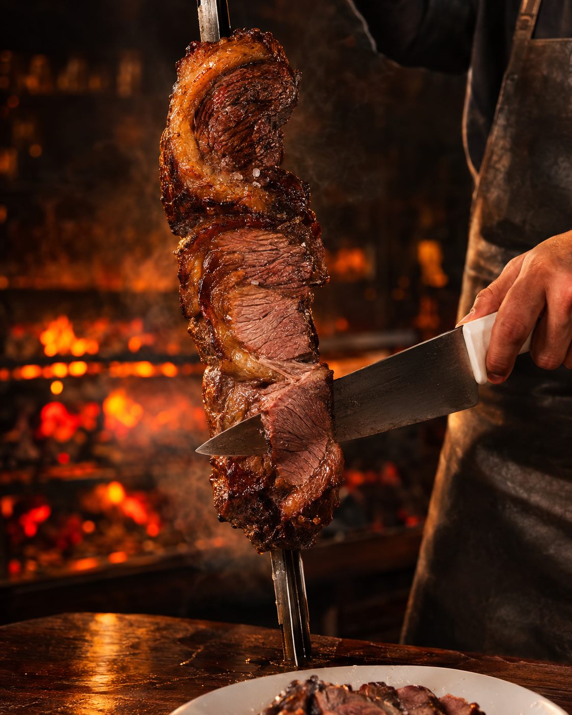 Carne sendo cortada no espeto, brasa acesa e fumaça subindo ao fundo
