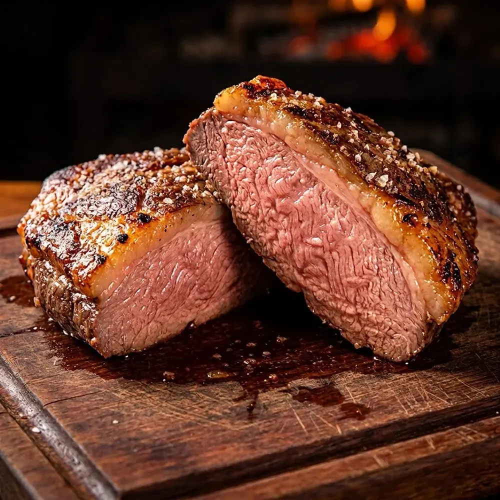 Fatia de picanha ao ponto, com o interior rosado